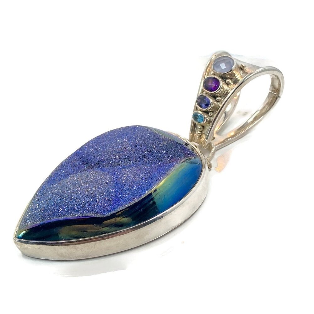 Druzy Pendant, Amethyst, Sterling Silver, Iolite, Blue Topaz, Calcedony, Sajen - Picture 6 of 7